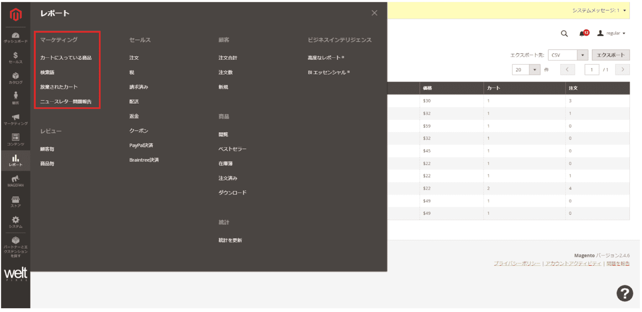 Magentoのレポート：マーケティングレポートについて（操作説明１）