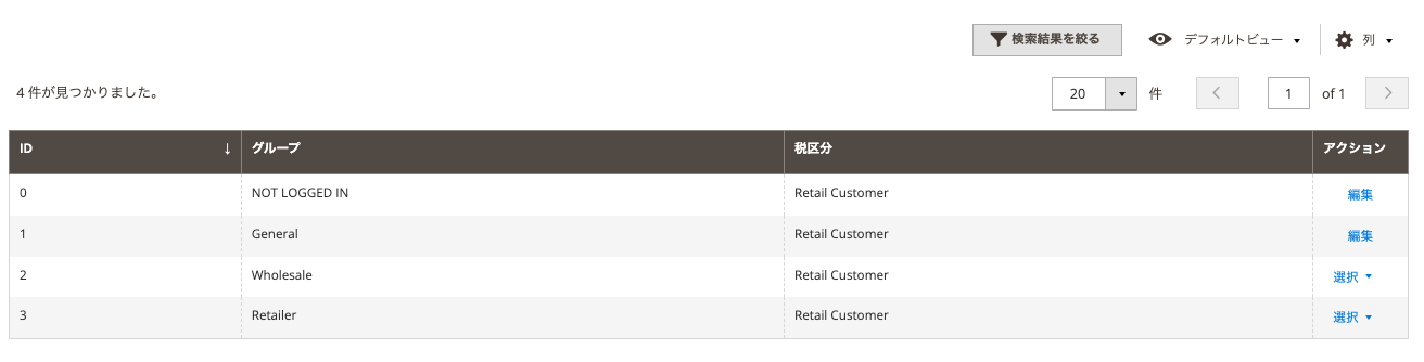 Magento2 顧客グループ一覧画面
